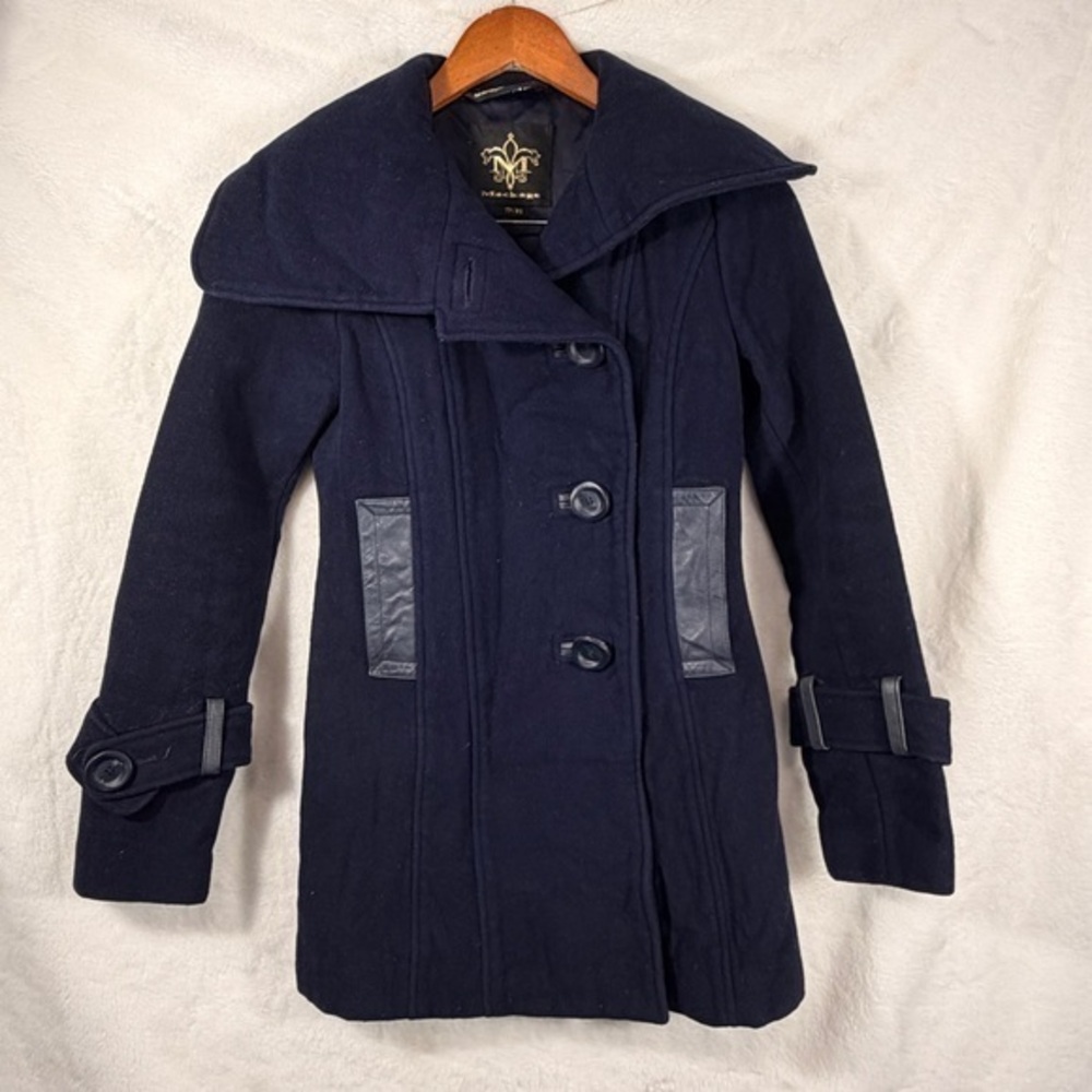 Mackage Navy Wool Cashmere Blend Coat Genuine Leather Accents Size XS Vintage